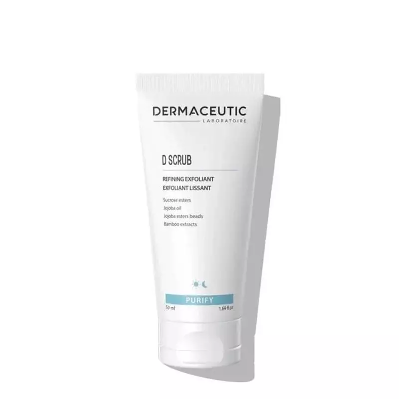 Tube exfoliant Dermaceutic D Scrub 50 ml blanc, bouchon clapet, bande PURIFY bleu canard et texte in