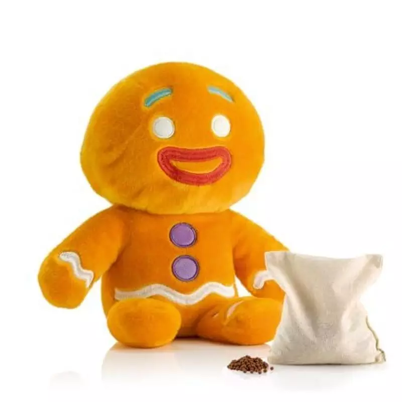 Peluche pain d'épices orange avec housse chauffante beige amovible et billes d'argile sur fond blanc