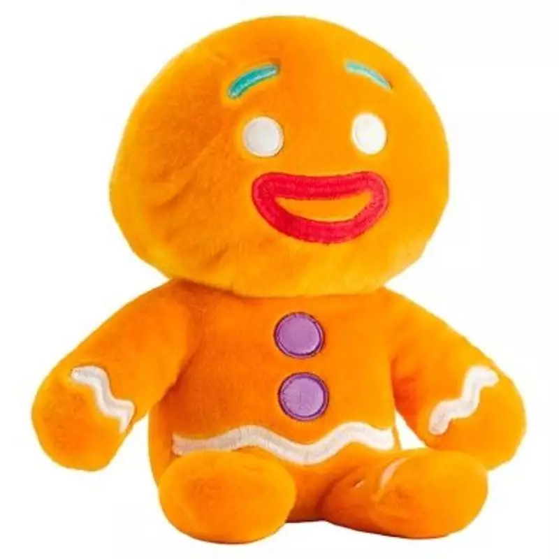 Peluche bonhomme pain d'épices orange avec sourire brodé, yeux blancs et boutons violets, vue de fac