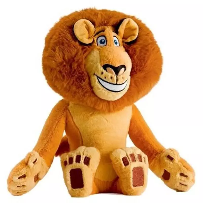Peluche bouillotte lion Biosynex Madagascar avec crinière orange duveteuse, visage souriant brodé et