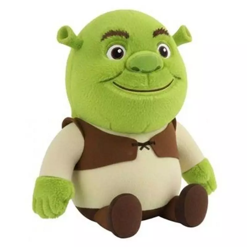 Bouillotte peluche Shrek verte avec gilet marron, chemise crème et chaussures marron