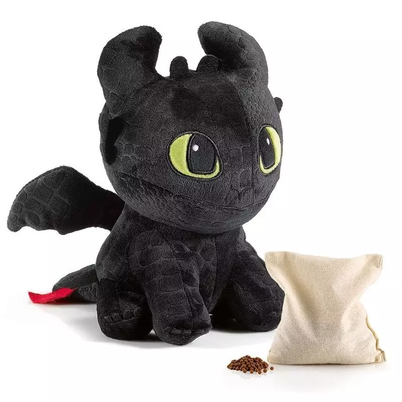 Peluche dragon noir Krokmou avec coussin chauffant en billes d'argile beige et billes libres sur fon