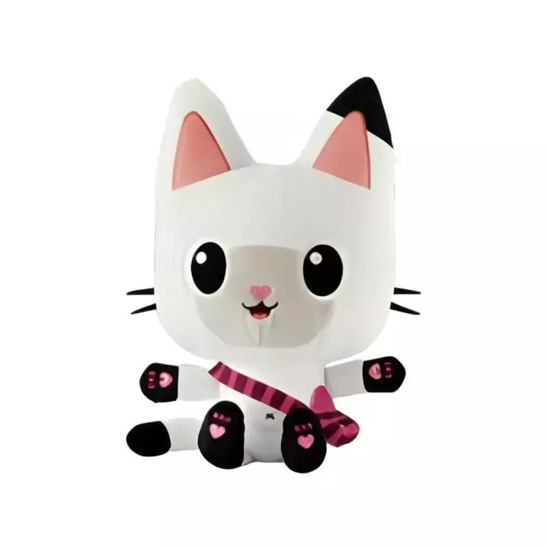 Peluche bouillotte chat blanc stylisée aux oreilles roses, moustaches, pattes noires et écharpe rayé