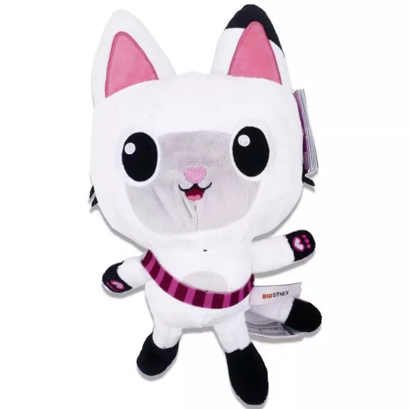 Bouillotte peluche chat blanc avec oreilles roses, pattes noires, écharpe rayée et étiquette Biosyne