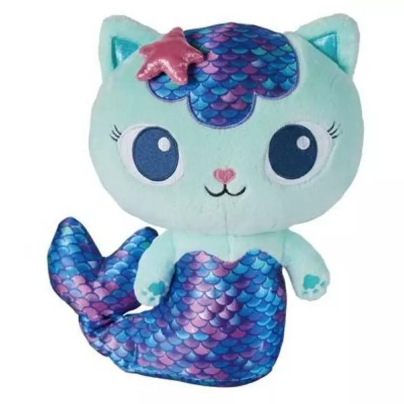 Peluche bouillotte chat sirène vert menthe avec queue violette iridescente et étoile de mer rose