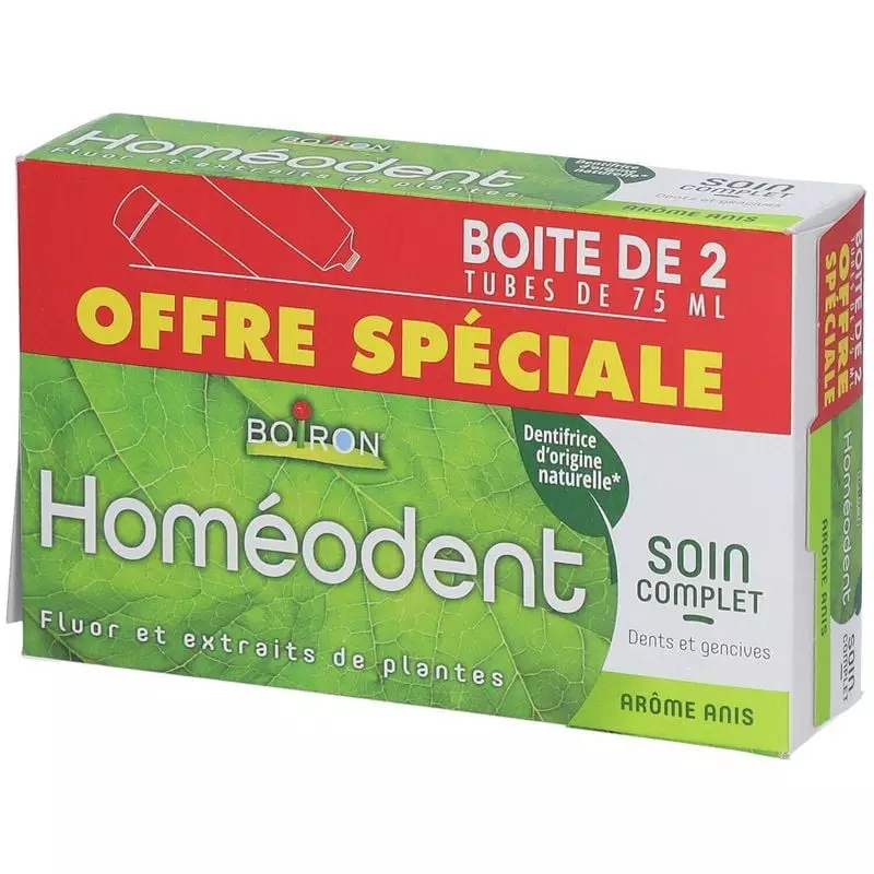 Packshot du dentifrice Boiron Homéodent soin complet anis - 2 x 75 ml, lot de 2 tubes