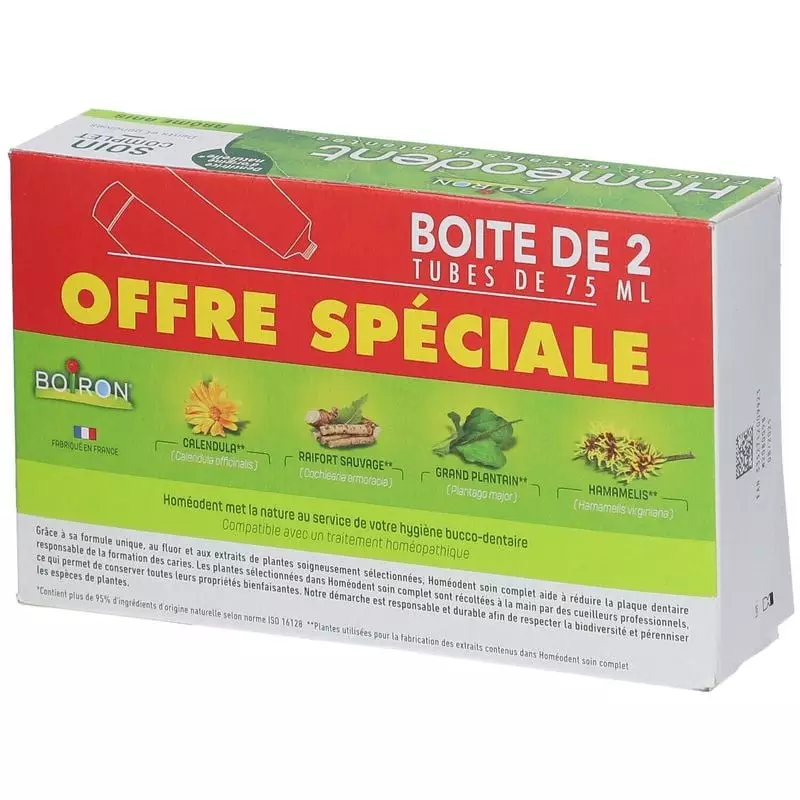 Packshot du lot Boiron Homéodent soin complet anis - 2 x 75 ml, deux tubes de dentifrice
