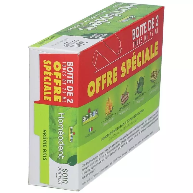 Packshot du lot de deux dentifrices Boiron Homéodent soin complet anis - 2 x 75 ml