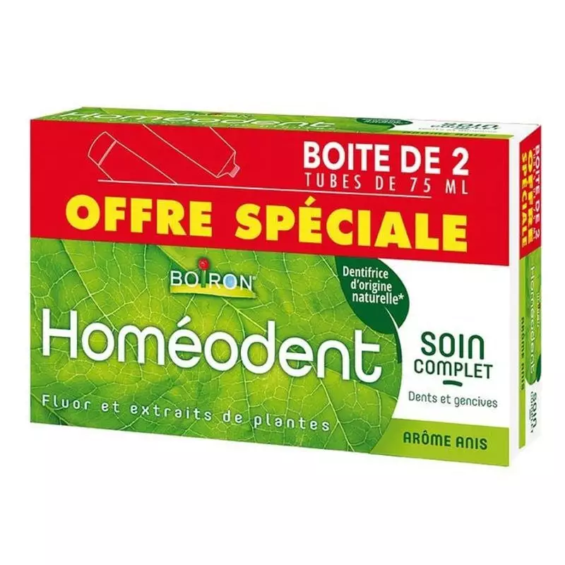 Packshot du dentifrice Boiron Homéodent soin complet anis, lot de 2 tubes de 75 ml