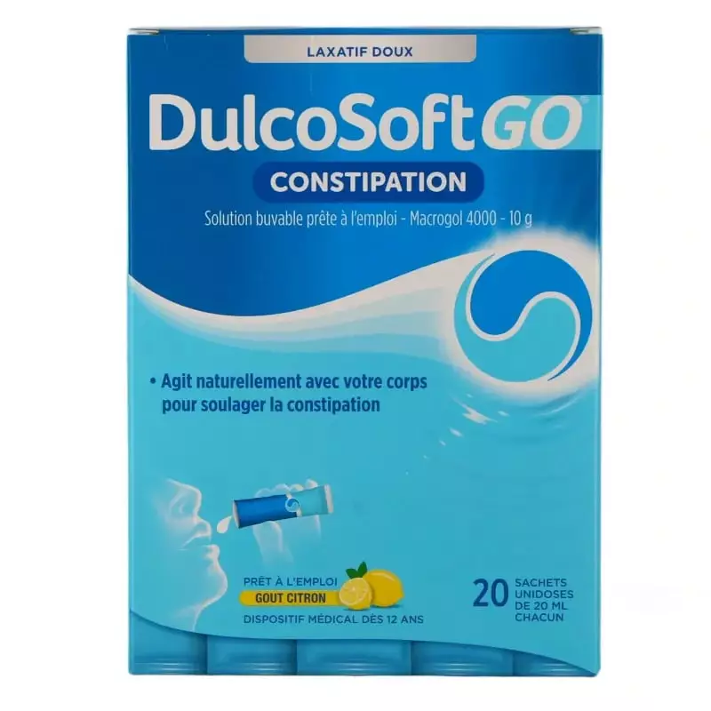 Boîte DulcoSoft GO Constipation au citron, 20 sachets unidoses de 20 ml de solution buvable prête à 