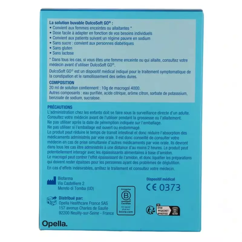 Dos de la boîte DulcoSoft GO Constipation : composition, posologie, précautions et mentions sans suc