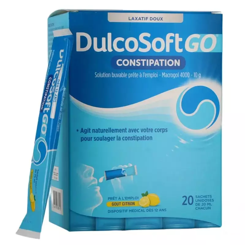 Boîte DulcoSoft GO Constipation avec un stick citron de 20 ml à côté, détails de l'emballage