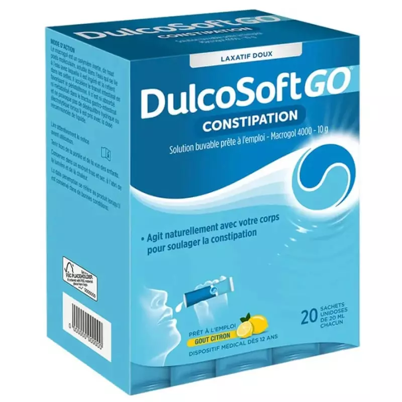 Vue inclinée de la boîte DulcoSoft GO Constipation, panneau latéral avec mode d’action, code-barres 