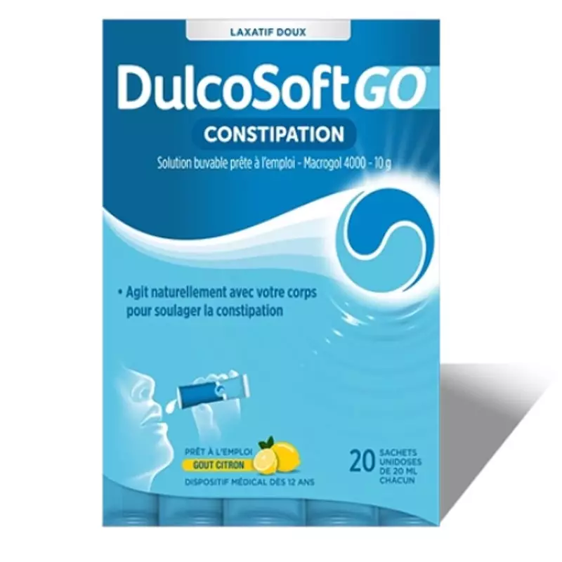 Boîte DulcoSoft Go Constipation 20 sticks, illustration citron et solution buvable prête à l'emploi