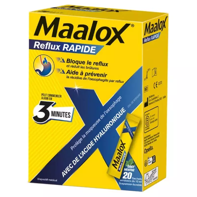 Boîte jaune Maalox Reflux Rapide de 20 sachets de suspension buvable menthe 10 ml, avec un sachet vi