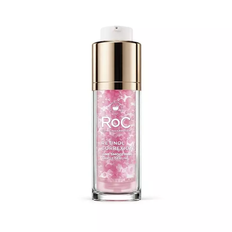 Flacon RoC Retinol Correxion Triple Sérum Lissant 30 ml, bouchon rose gold et micro-capsules roses