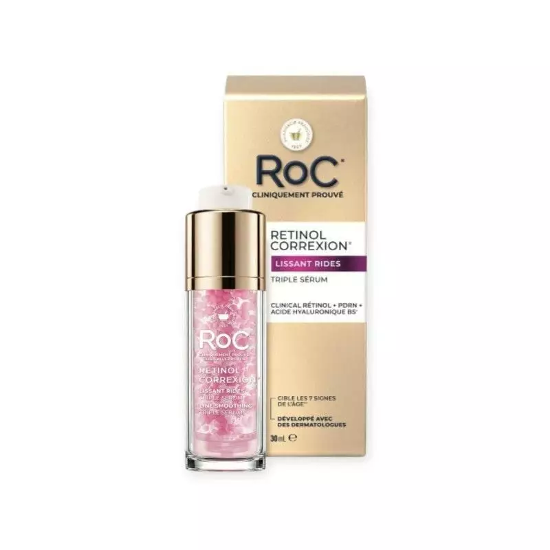 Flacon RoC Retinol Correxion Triple Sérum 30 ml à côté de l'étui doré Lissant Rides