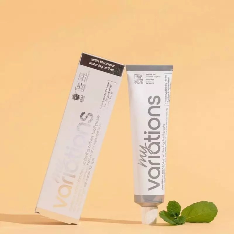 Packshot du dentifrice blancheur MyVariations à l'hydroxyapatite, tube aluminium 75 ml, soin émail n