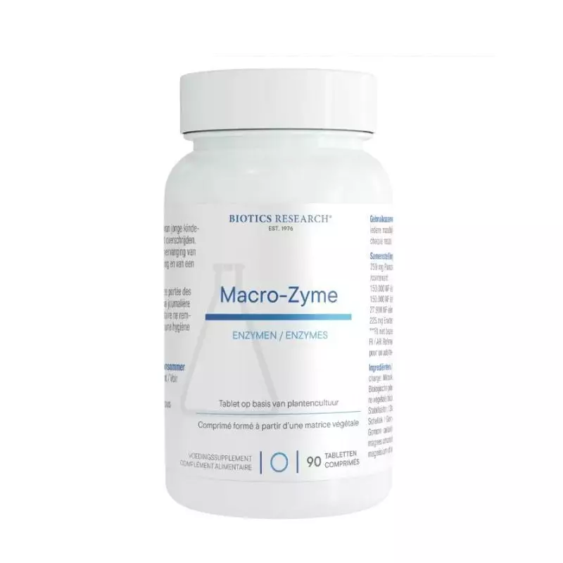 Flacon blanc de Macro-Zyme 90 comprimés d’Energetica Natura avec étiquette bleue et 90 comprimés