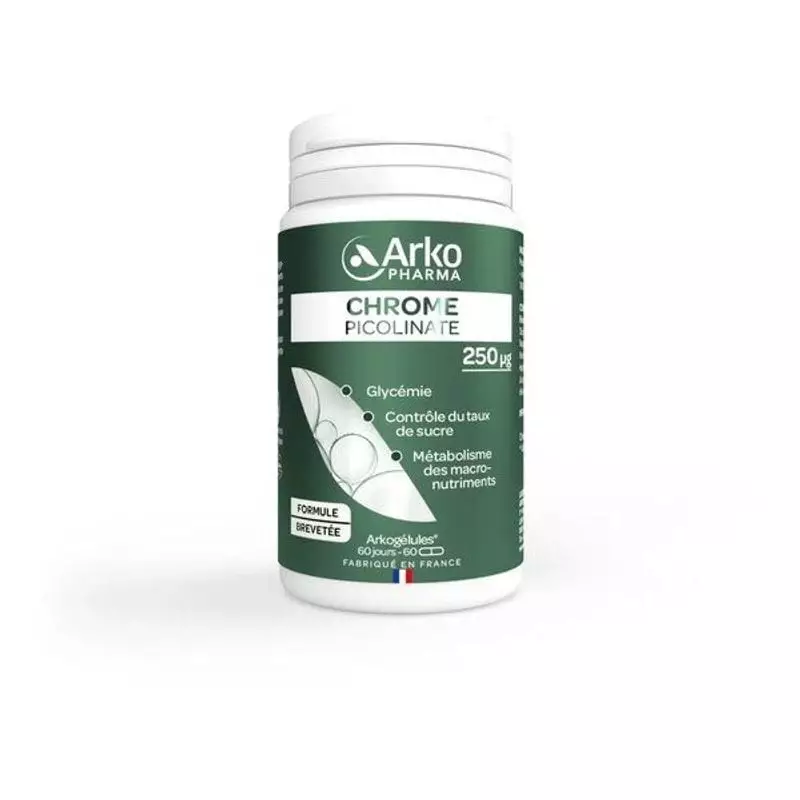 Flacon de complément alimentaire Arkopharma Chrome Picolinate 250 µg, 60 gélules végétales, emballag