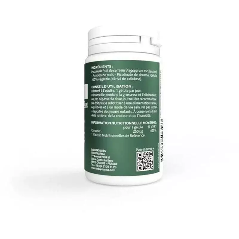 Étiquette arrière du flacon Arkopharma Chrome Picolinate 250 µg avec ingrédients, mode d’emploi et v