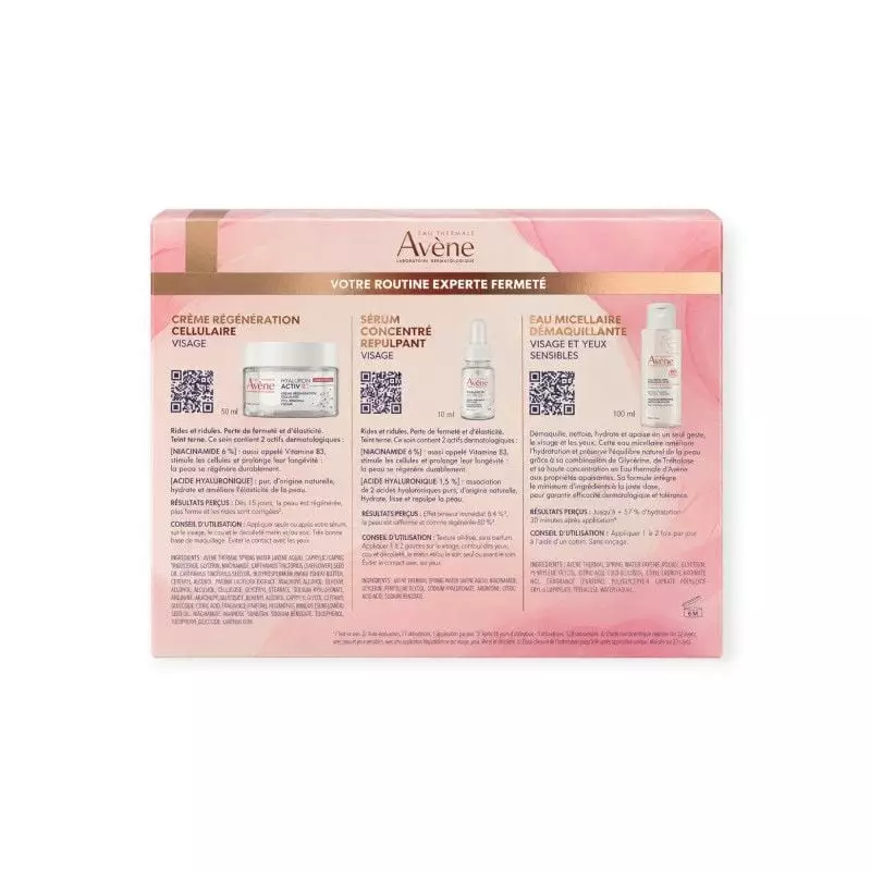 Détail du coffret Avène routine experte fermeté : crème 50 ml, sérum 10 ml et eau micellaire 100 ml.