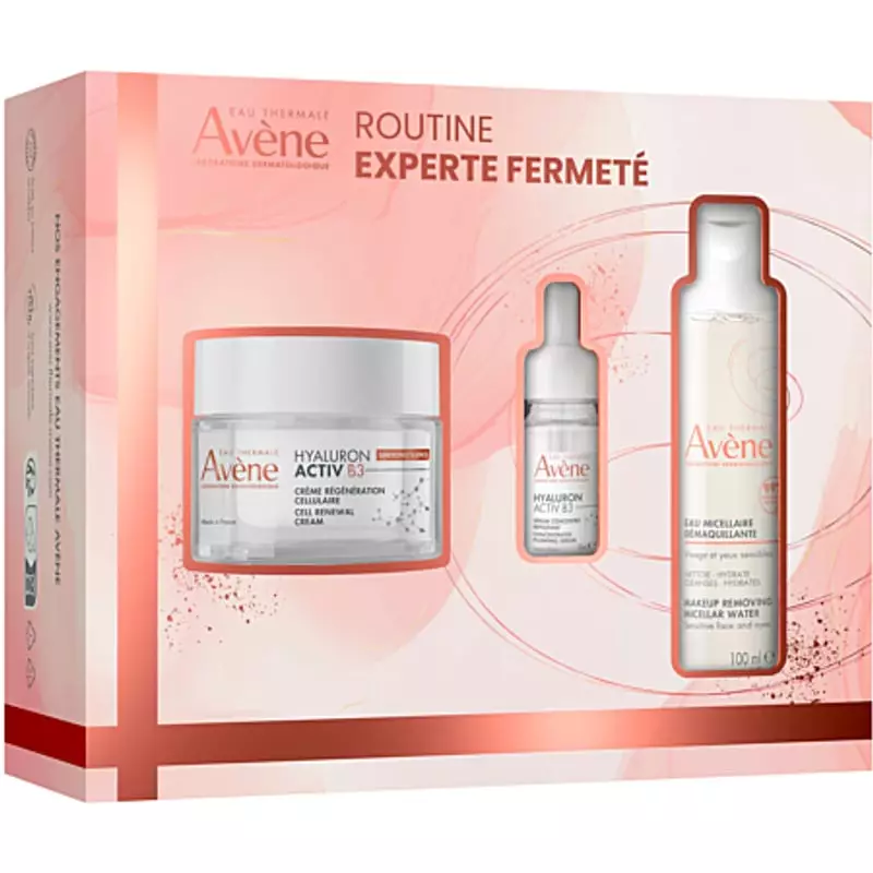 Packshot du coffret Avène routine experte fermeté : crème 50 ml, sérum 10 ml et eau micellaire 100 m