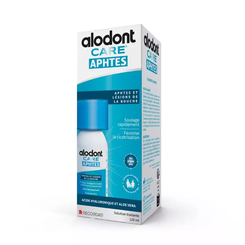 Boîte de solution traitante Alodont Care Aphtes 120 ml avec flacon à bouchon bleu pour aphtes et lés