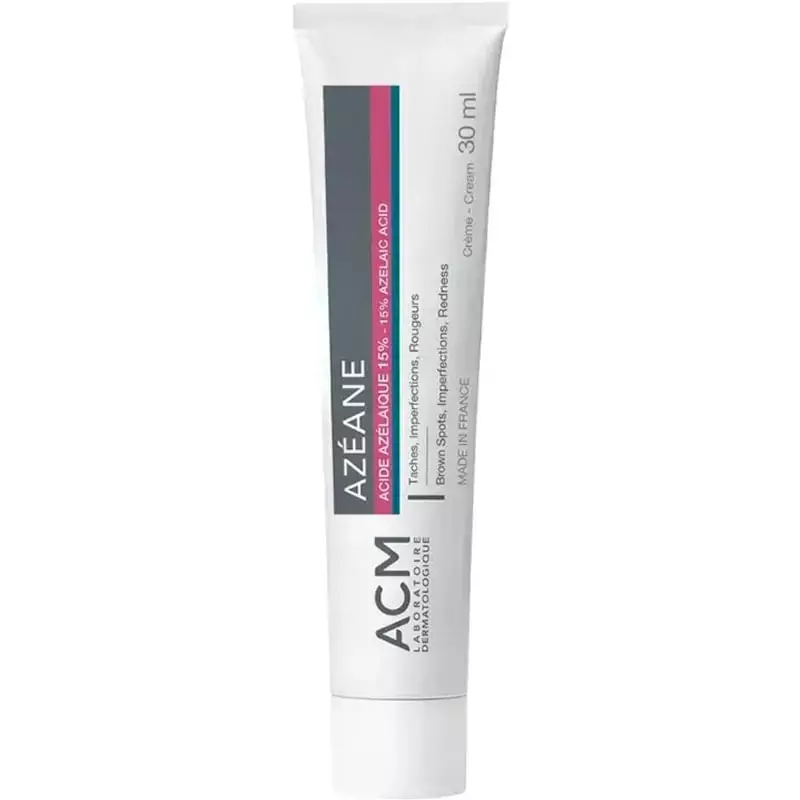 Tube blanc Azéane crème anti-tâches 30 ml, étiquette grise, rose et bleue, 15% acide azélaïque.