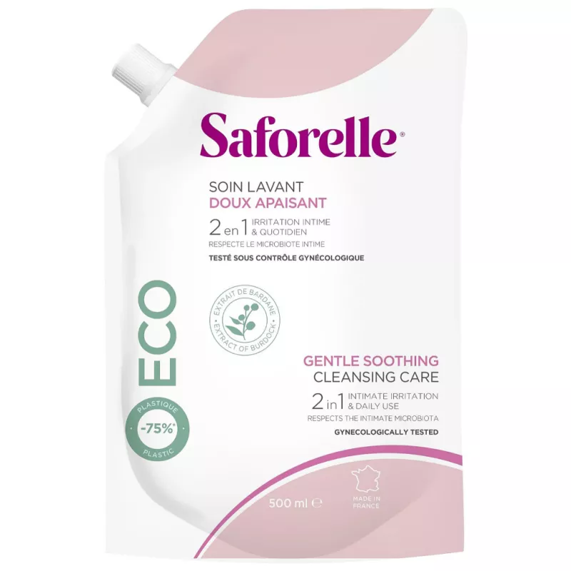 Soin lavant doux apaisant Saforelle - Hygiène intime peaux sensibles - Éco-recharge 500ml