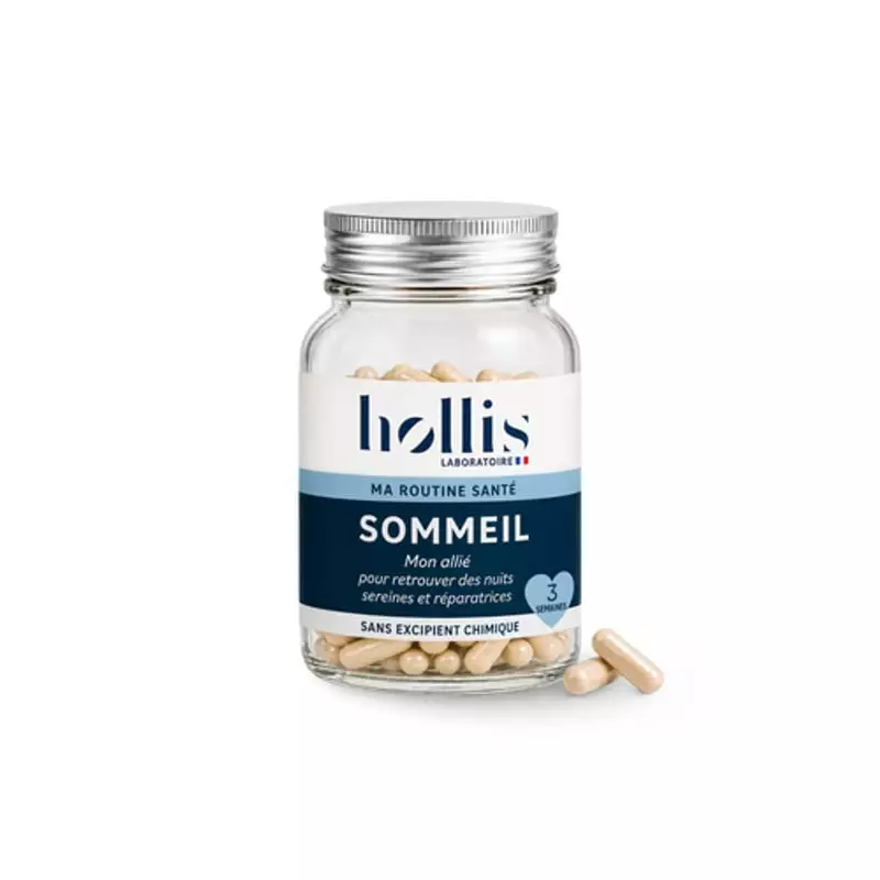 Flacon en verre de complément sommeil Hollis Sommeil, 40 gélules beiges, bouchon argenté et étiquett