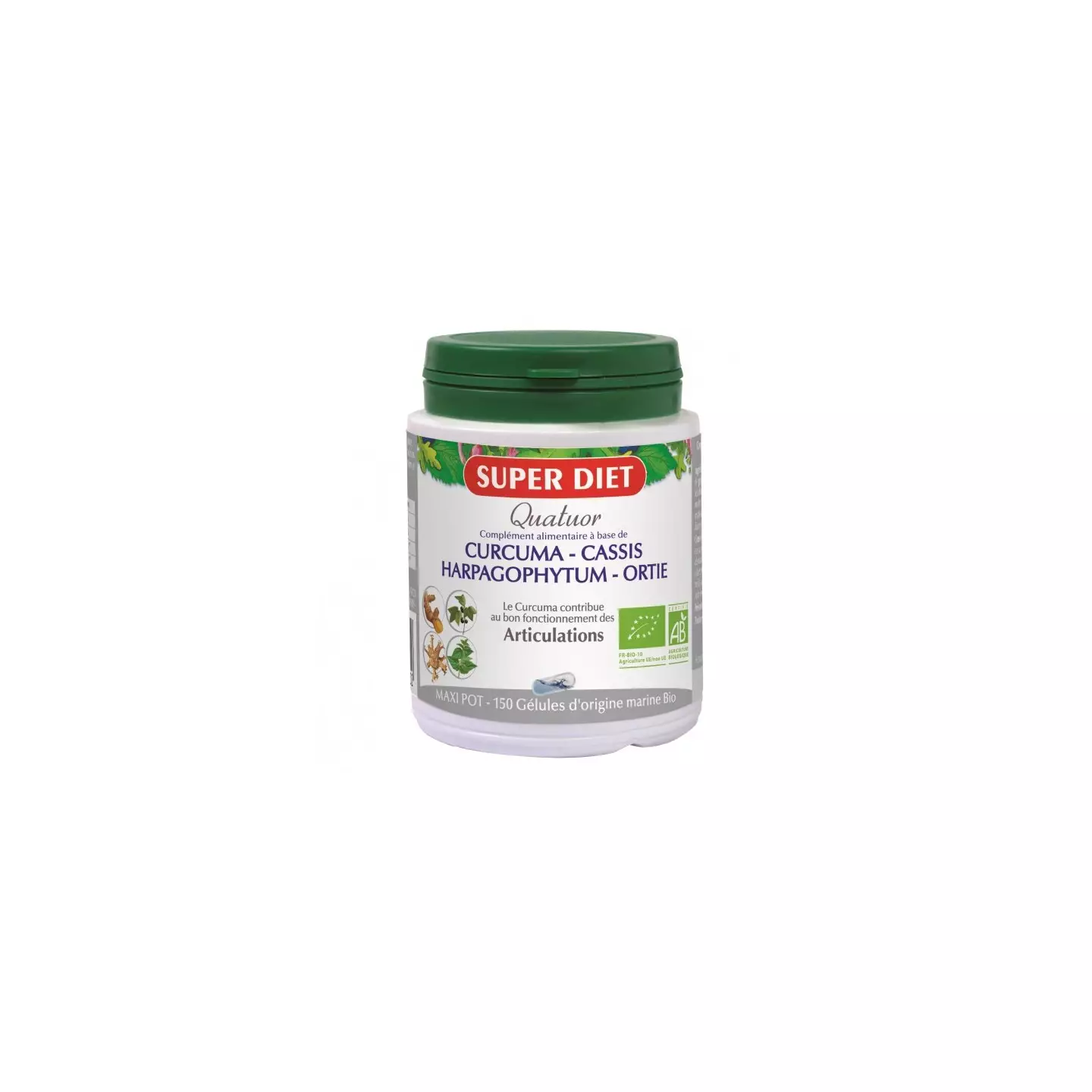 SUPERDIET Quatuor Articulations – 150 Gélules à Base De Curcuma, Cassis, Harpago, Ortie – Neuf, Date 02/27